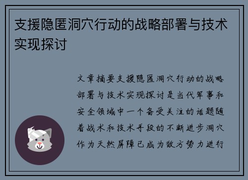 支援隐匿洞穴行动的战略部署与技术实现探讨